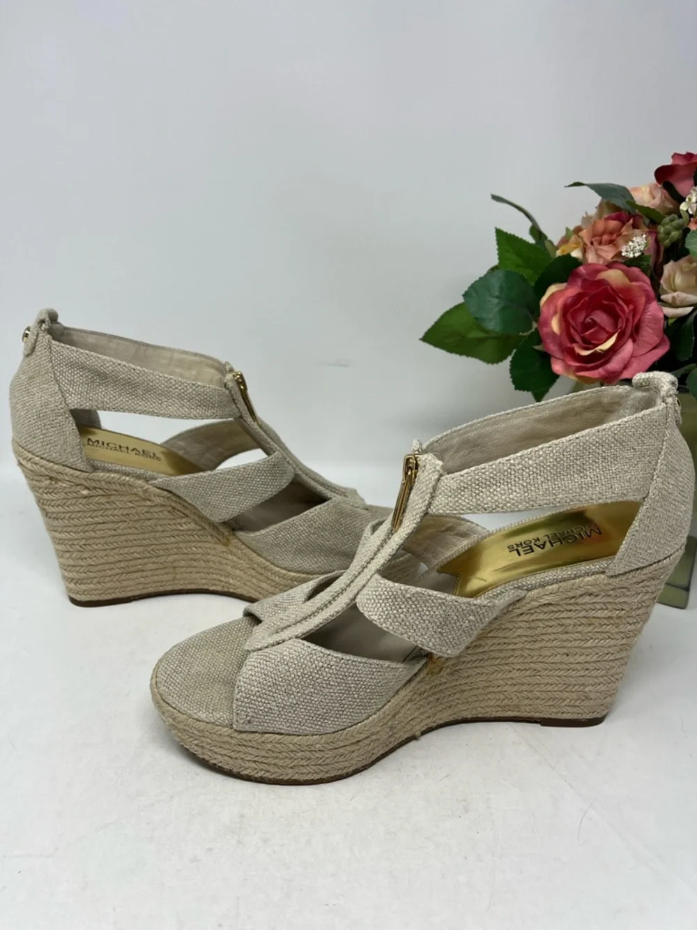 MICHAEL MICHAEL KORS DAMITA WEDGE OPEN TOE CANVAS ZIP UP SANDAL ESPADRILLES 8.5